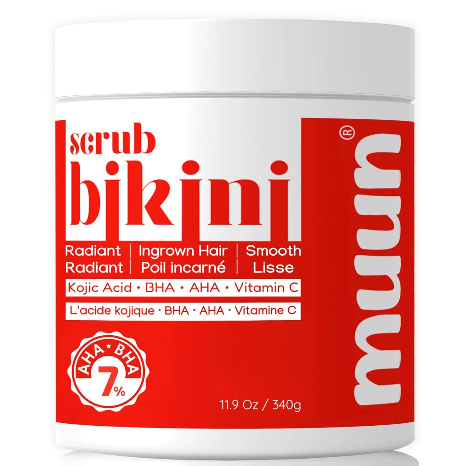 Muun Bikini Area Exfoliator, 2% Kojic Acid Vitamin C & 7% AHA/BHA Even Skin Tone & Ingrown Hair – Underarm Scrub – Radian, Smoothe & Soften Body Scrub