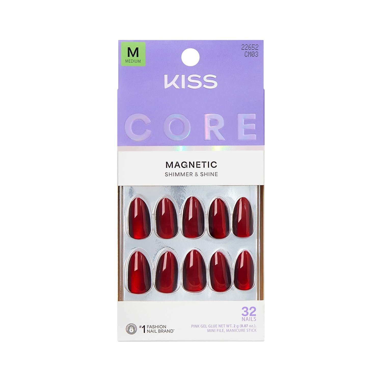 Kiss Core, Press On Nails, Nail glue included, ‘Apple Blossom’, Red, Medium Size, Almond Shape, Includes 32 Nails, 2g Glue, 1 Manicure Stick, 1 Mini File