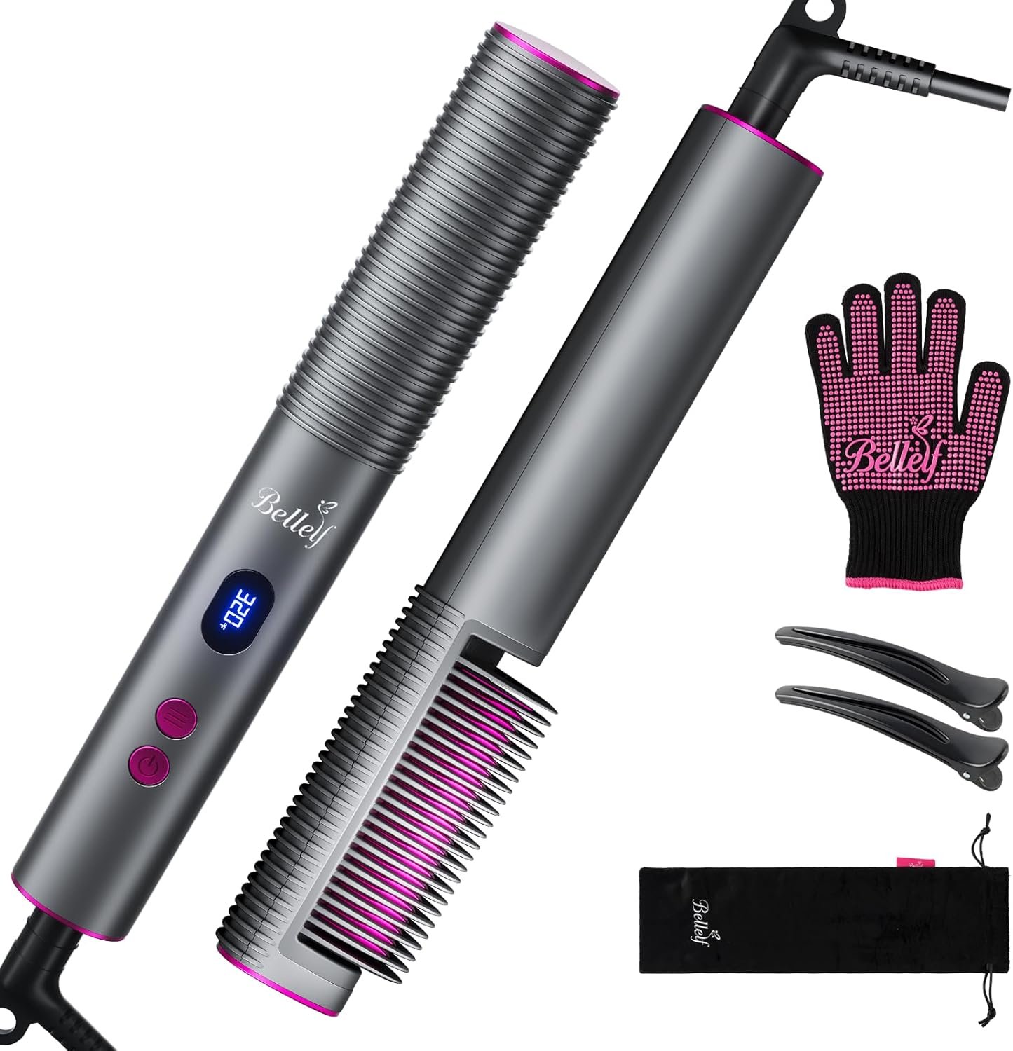 Hair Straightener Brush, 9 Temp Settings with LED Display, 30s Fast Heating for Sleek & Smooth Hair, Dual Voltage Travel Hot Comb with 3D Brush Teeth, Portable Hair Styling Tool for Women