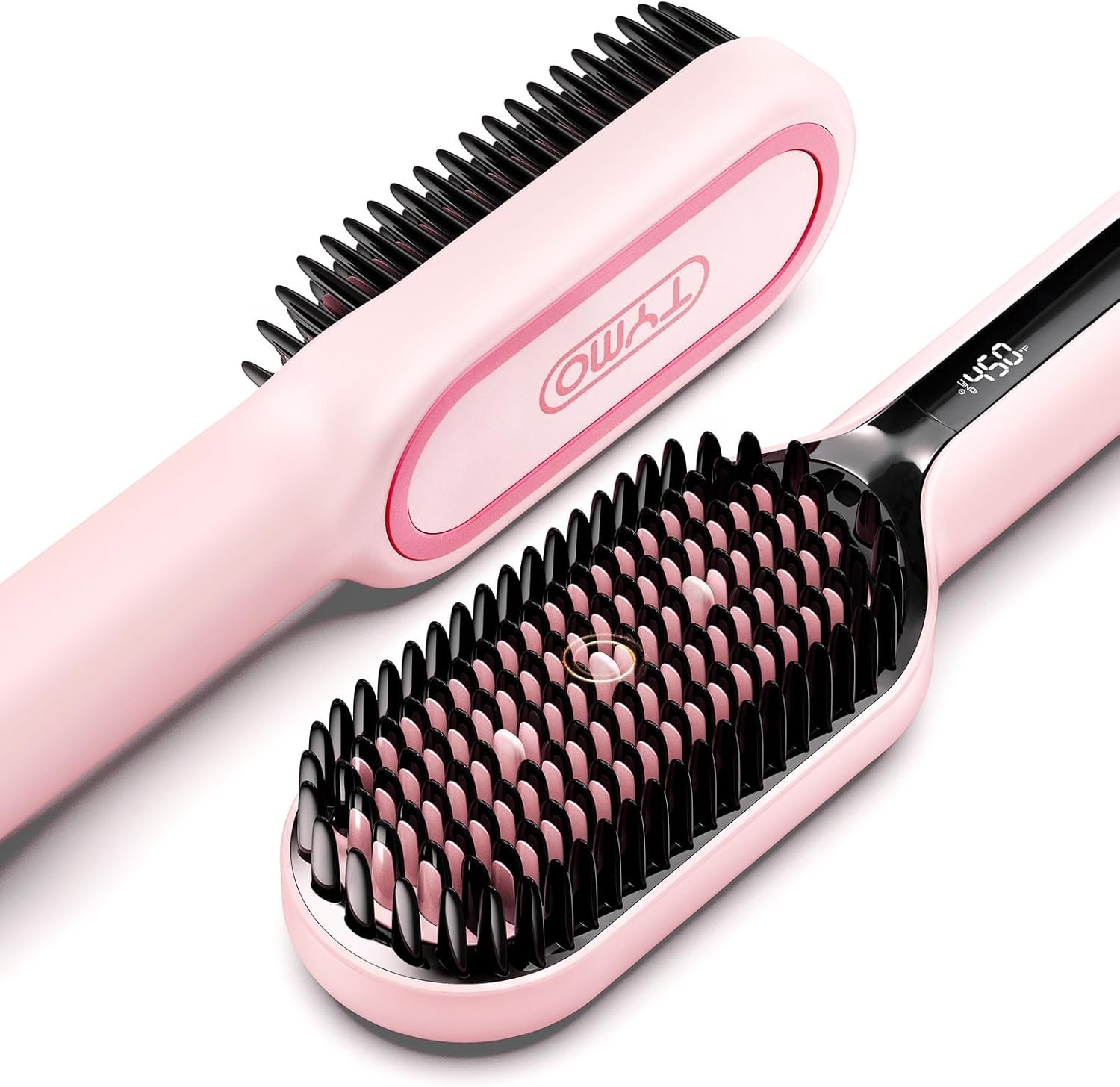 TYMO Hair Straightener Brush – Upgraded Ionic Plus Straightening Brush with Dense Bristles, 16 Temps, Dual Voltage | Ceramic Hot Comb for Women | Flat Iron for Thick Curly Hair, Pink