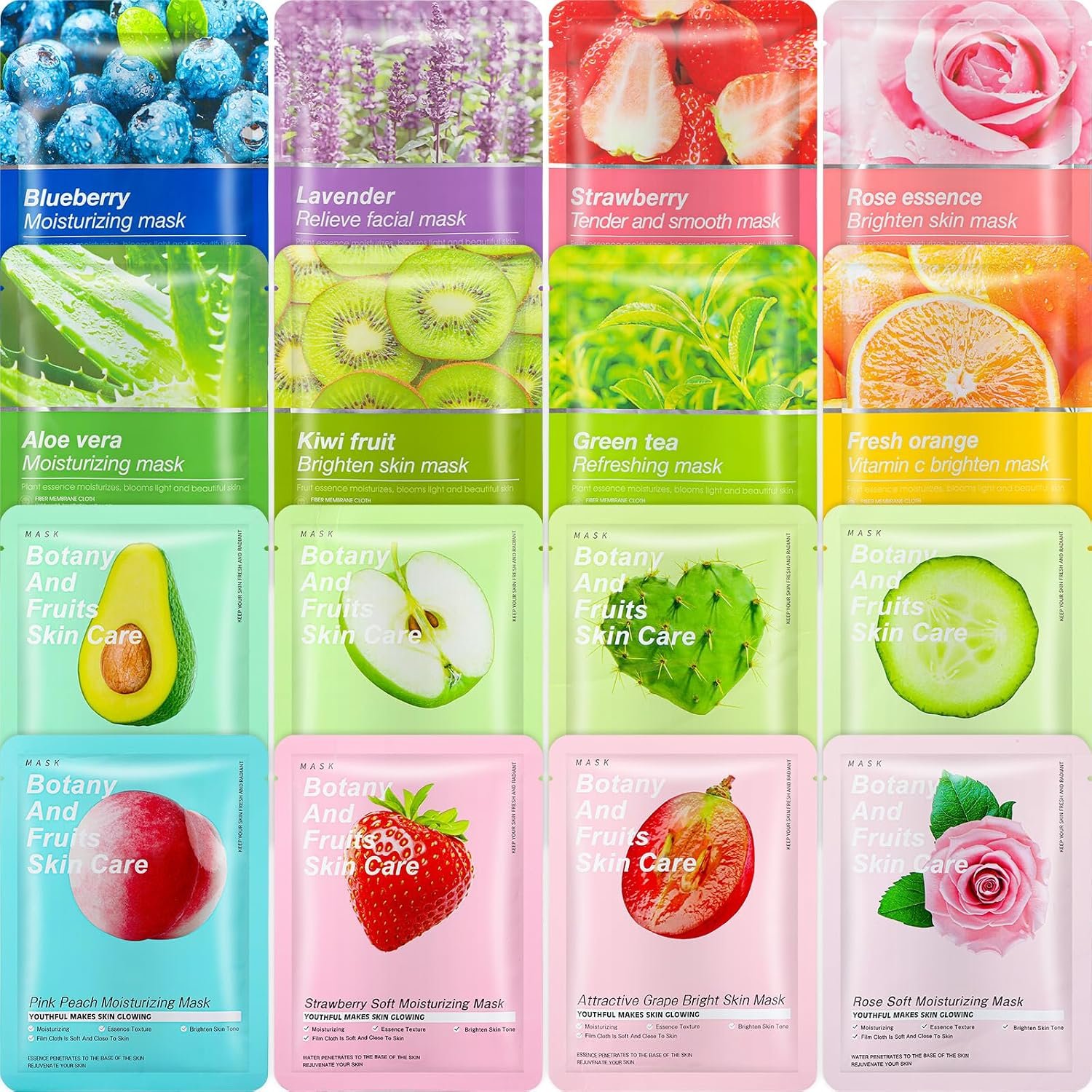 16 Pcs Sheet Face Masks Skincare for Most Skin Types, Combo Essence Hydraiting Facial Mask Set for Women Skin Care, Gifts Set for Home Spa(Assorted Styles,16 Pcs)
