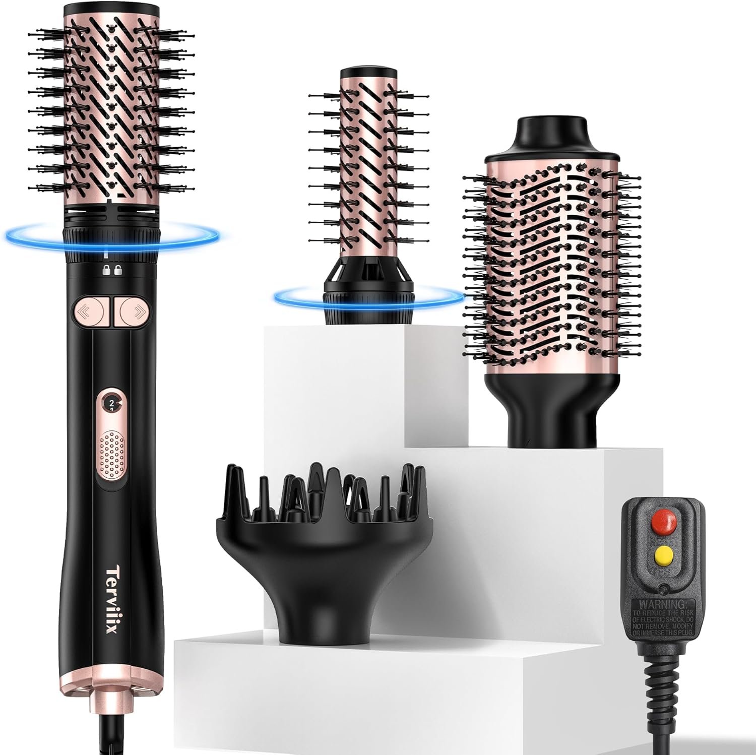 Terviiix 4-in-1 Hot Air Rotating Blow Dryer Brush Kit, Black, 1000W | Rotatable Round Brushes (2 Sizes), Oval Volumizer, Diffuser for Curly Hair, Arthritis-Friendly Big Buttons