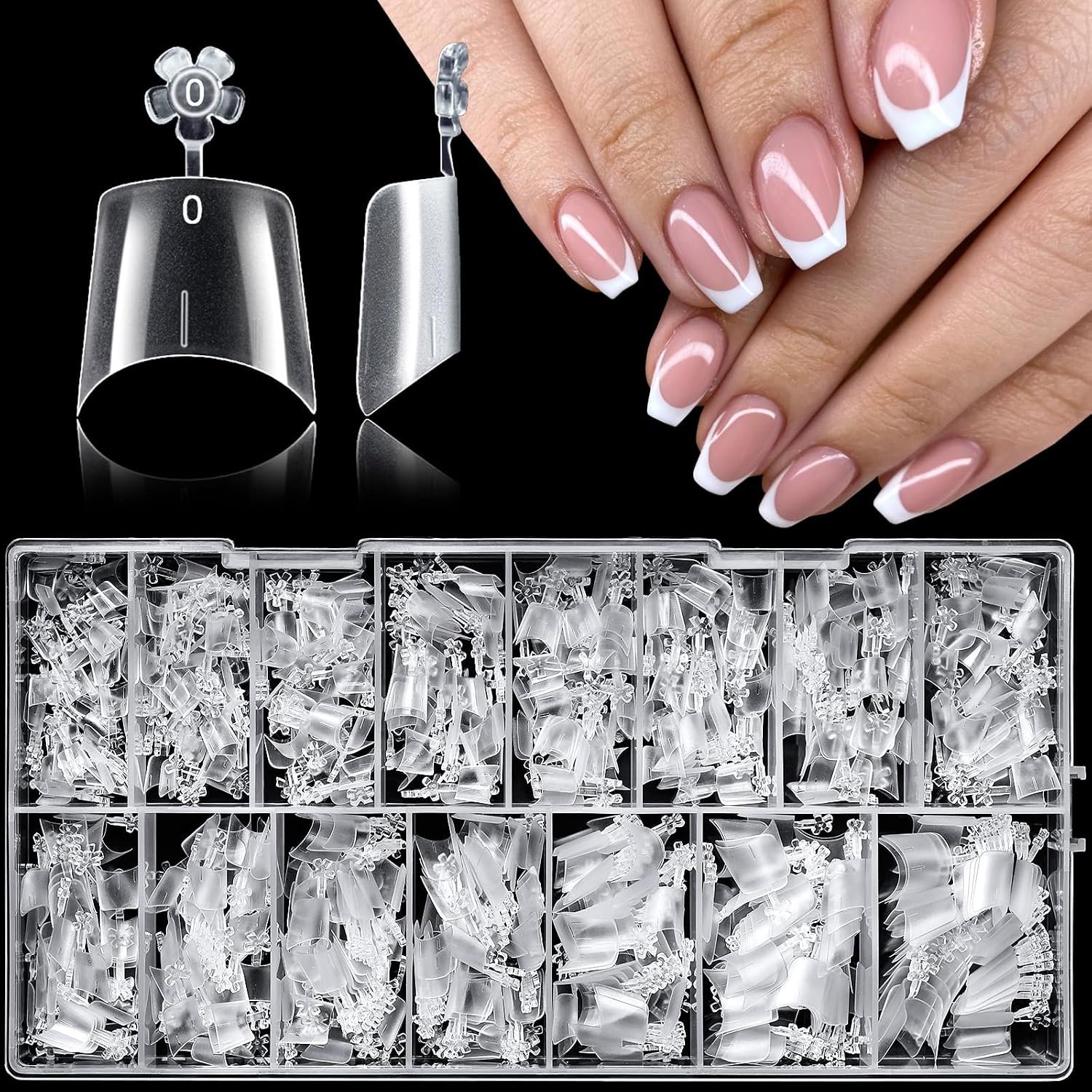 LoveOurHome 600pc French Coffin Nail Tips Clear Fake Nails Short Coffin Gel Nail Tips Half Cover Acrylic Nail Clear Short False Nail 15 Sizes Fingernail for Gel Nail Tip Extension Press Nails DIY