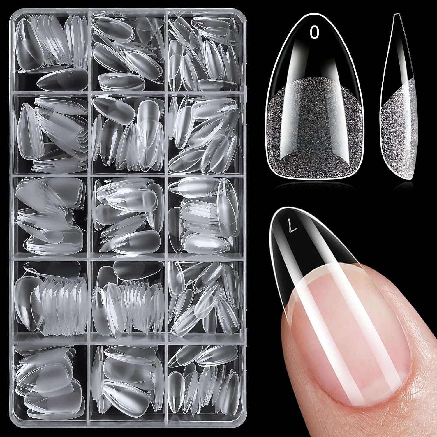 300pc Gel Nail Tips Medium Fake Nails for Almond Press on Nails Clear Acrylic Nails Tip, 15 Size Full Cover Nail tips Almond Soft Gel Nail Tip False Nails Extension Artificial Fingernail-A