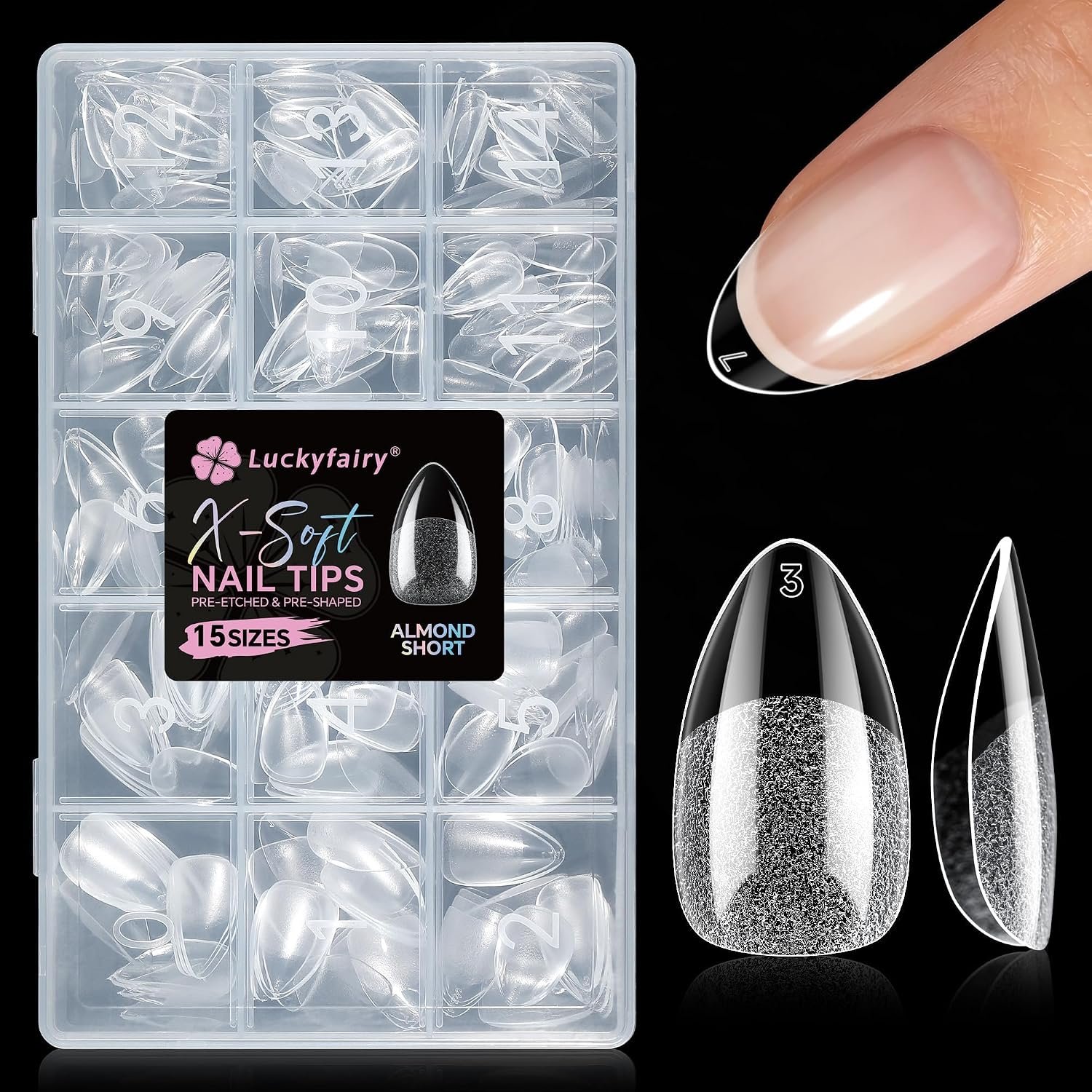 Luckyfairy Short Almond Nail Tips X-SOFT, 15 Sizes 270pcs Gel Nail Tips Half Matte Full Cover, Pre-Etched Clear Press on Acrylic Fake Nails at Home DIY Nail Extension Salon, Break-Resistant Gelly Tips