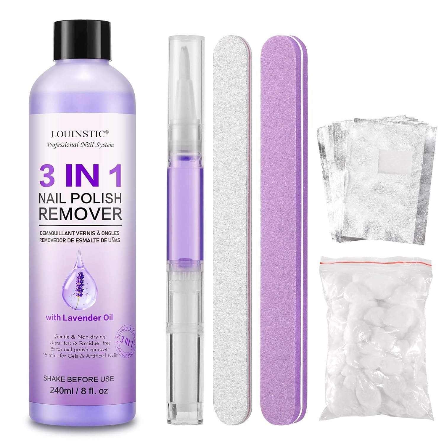 Acetone Nail Remover Kit, 8.1 Fl Oz Gentle Formula for Gel, Glue & Tips | Moisturizing Formula with Lavender Oil, Fast Removal for Polish, Gel. Complete Tools, Salon & Home Use, Gentle for Nails