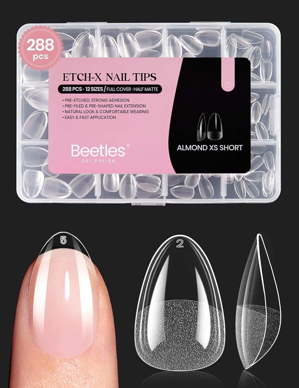 Beetles Extra Short Almond Nail Tips, 12 Sizes 288 PCS Pre-Shaped Full Cover Etch Gel Nail Tips Clear Acrylic Press on Nails Extension for Girls Women Art Design, Glue Needed