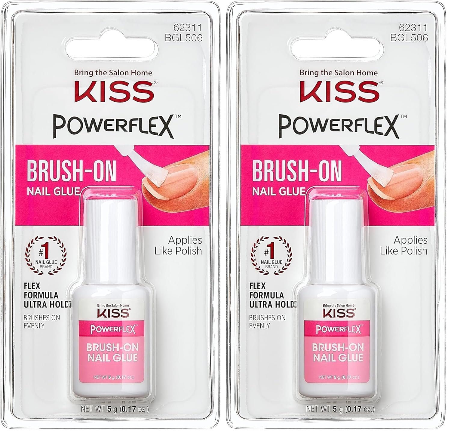 KISS PowerFlex Brush-On Nail Glue for Press On Nails, Ultra Hold Flex Formula Nail Adhesive, Includes One Bottle 5g (0.17 oz.) with Twist-Off Cap & Brush Applicator (Pack of 2)