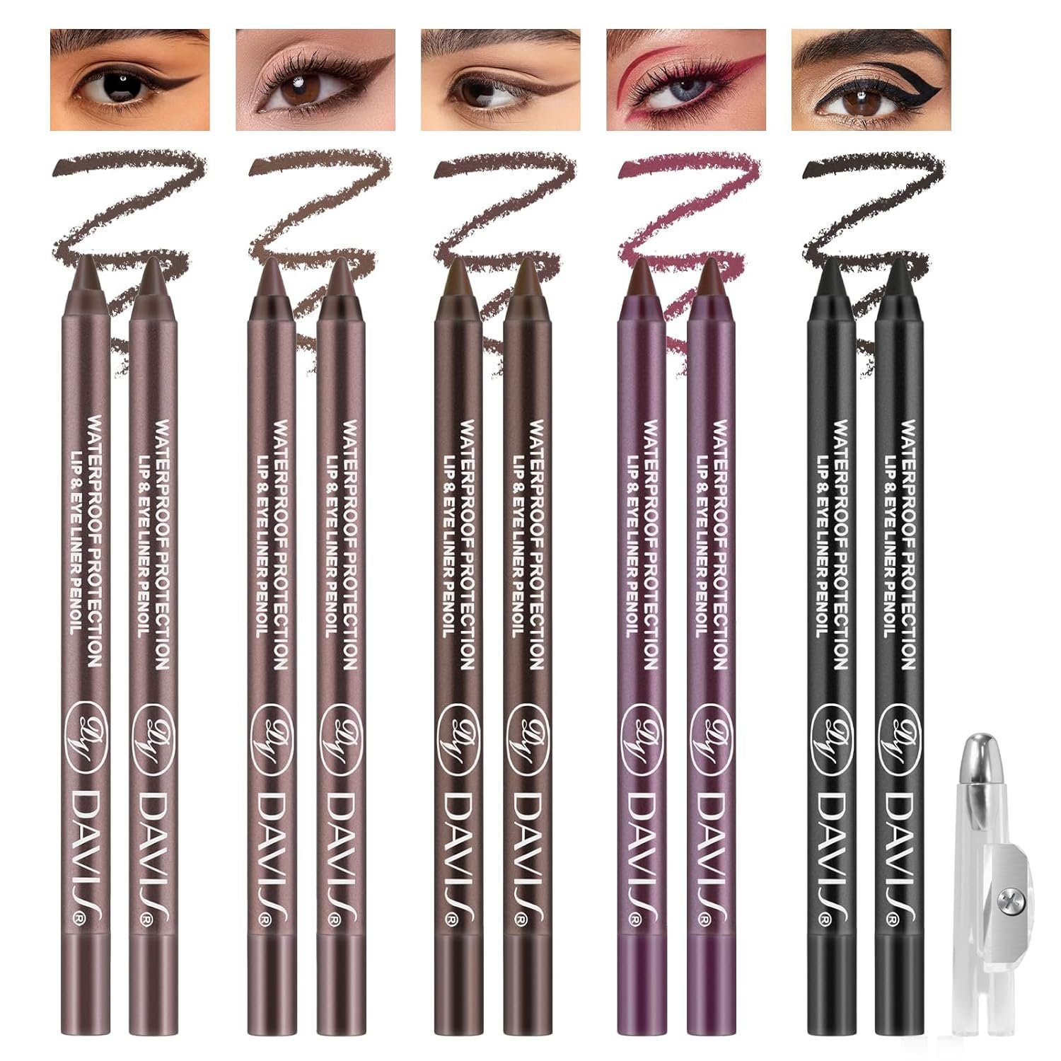 Noerrors 10pcs Brown Black Plum Gel Eyeliner Pencil Set, Waterproof Long Lasting Smudge Proof Creamy Waterline Eyeliner for Mature Eyes, Pigmented Matte Eyeshadow Stick for Older Women with Sharpener