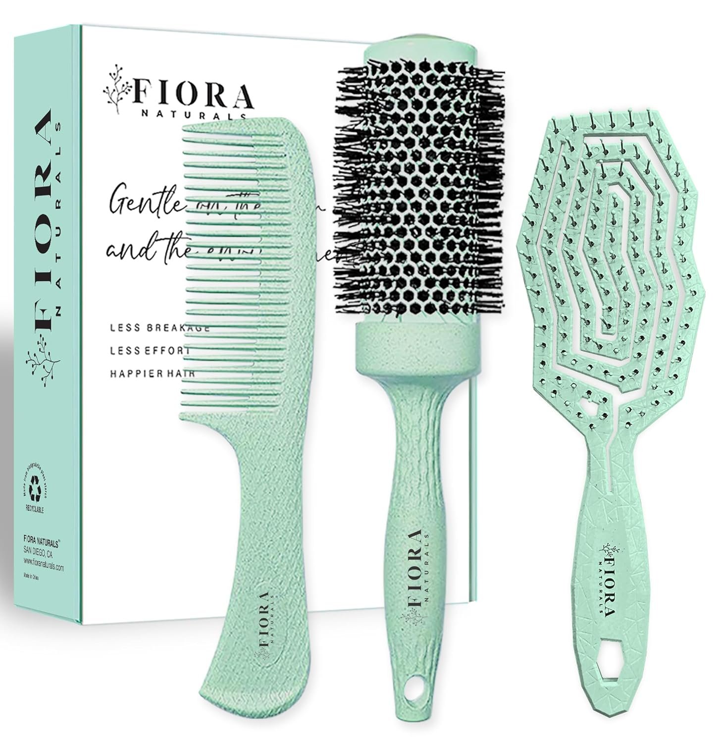 Fiora Naturals Hair Brush Set – Detangler, Round Brush, and Comb for Women – Bio-friendly Brushes for All Hair Types including Natural, Fine & Curly – Ideal for Detangling and Blow Drying