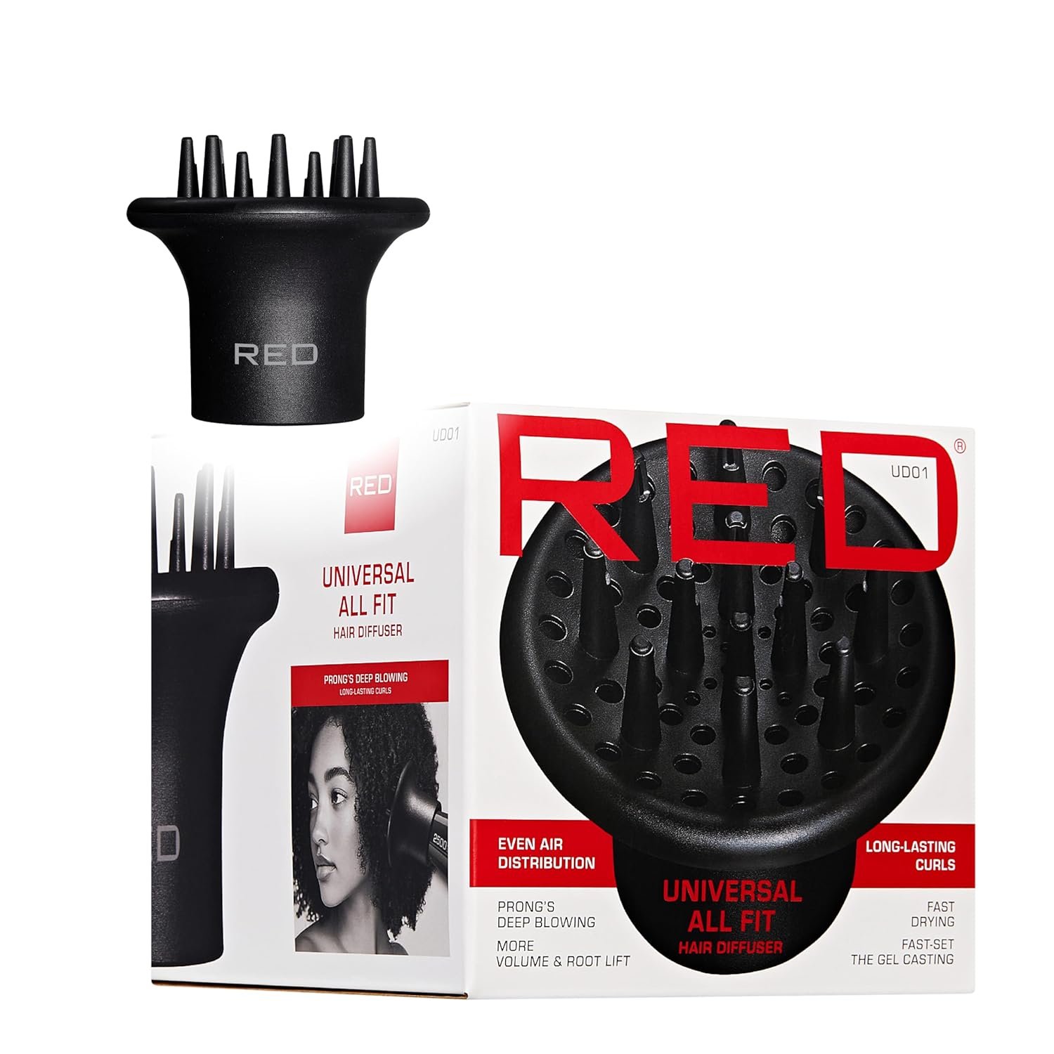Red by Kiss Hair Dryer Diffuser, Heavy Duty Rubber Grip, Long Prongs for Volume & Root Drying, Compact Design Fits Most Dryers for Fast Drying & Shine Boost and Bouncy Curls
