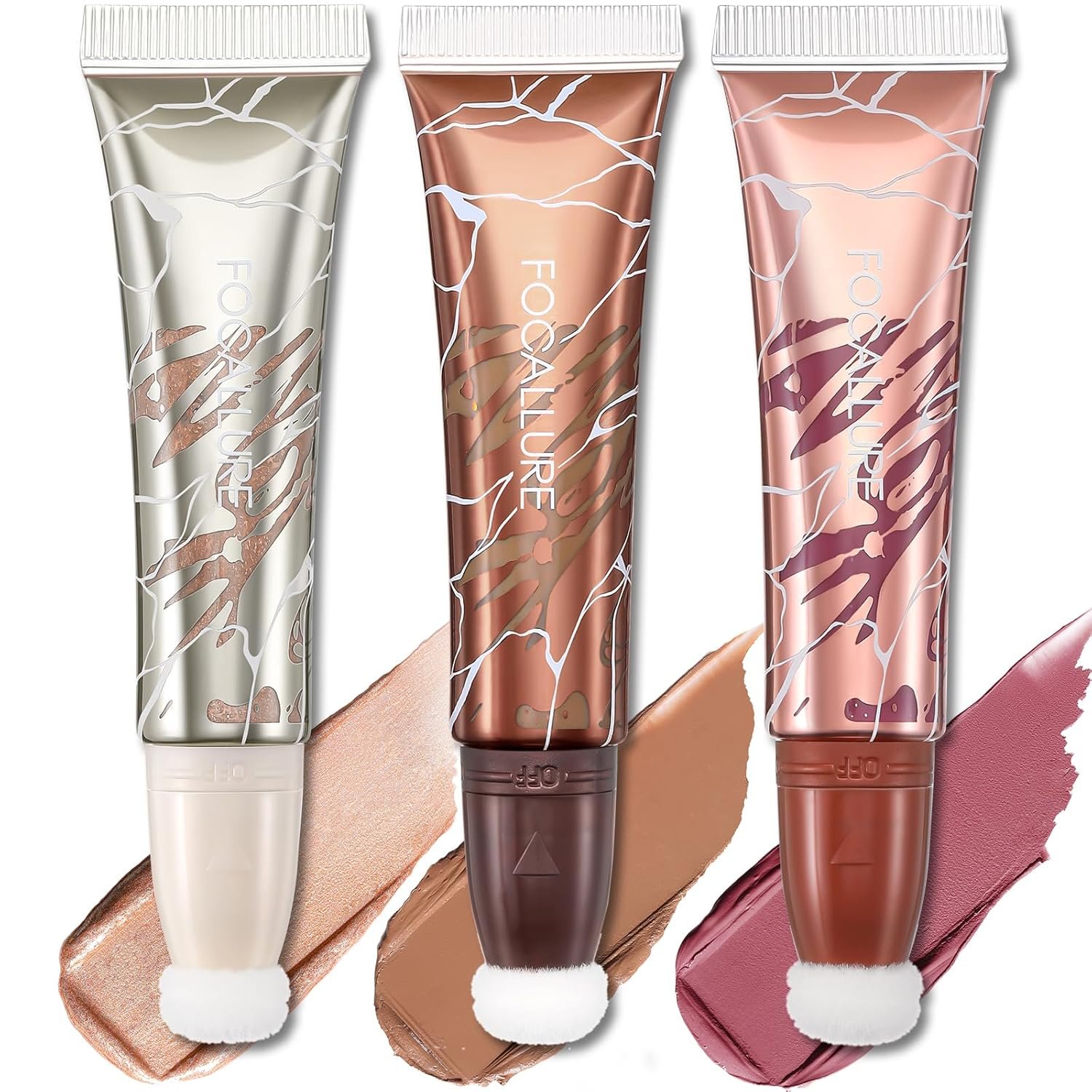 FOCALLURE 3 PCS Liquid Contour Stick,Moisturizing Highlighter,Blush and Bronzer,Silky Cream Contouring Pen with Soft Cushion Applicator,Long Lasting Face Illuminator Makeup,Hard Love