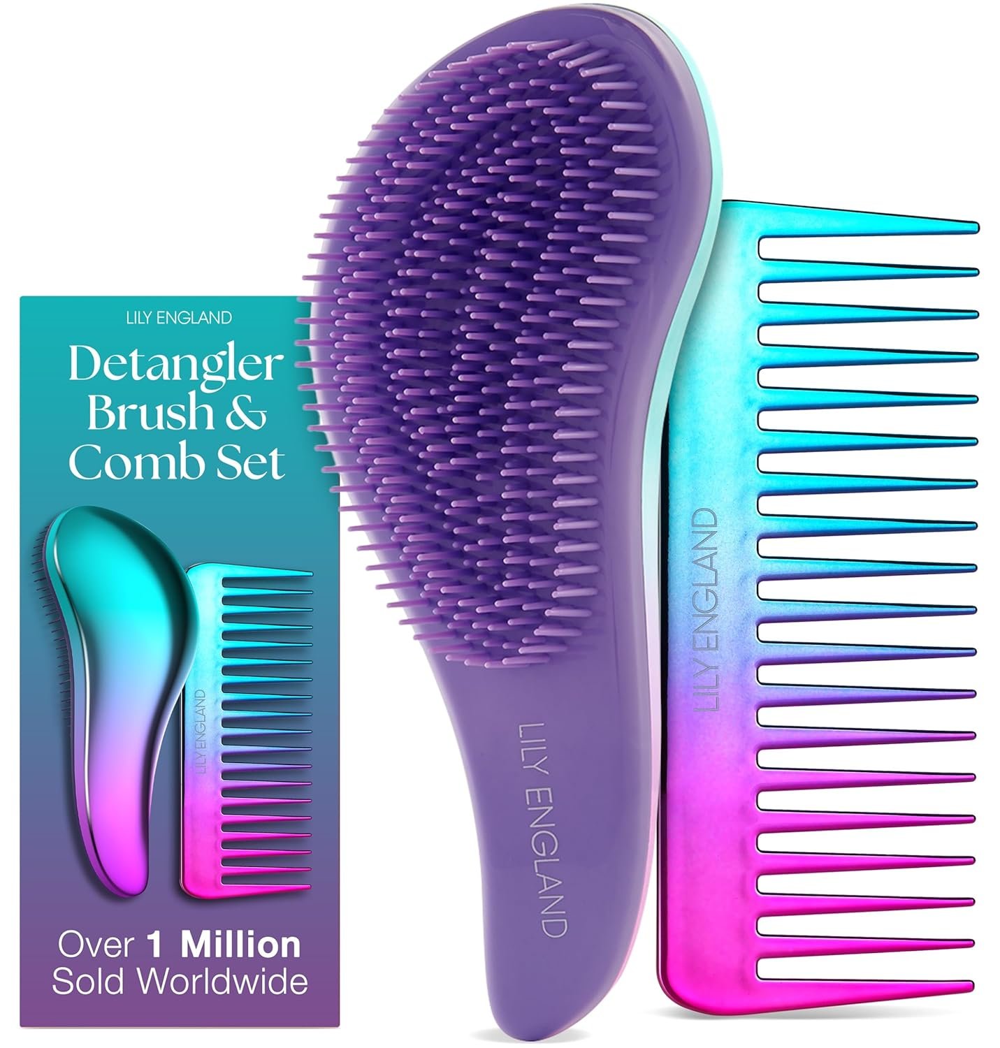 Lily England Detangler Brush & Comb Set – Lightweight Wide Tooth Detangling Tool for Women & Kids – Smooths Curly, Straight, Dry, Fine, & Thick Hair, Purple