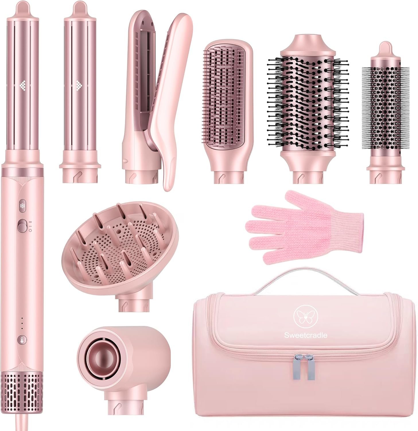 8-in-1 Hair Styler & Hair Dryer Brush Set, Dual Voltage Ionic Blow Dryer with Wrap Curlers/Hair Straightener, Fast Drying Volumizing Curling Straightening, No Heat Damage, Gifts for Women