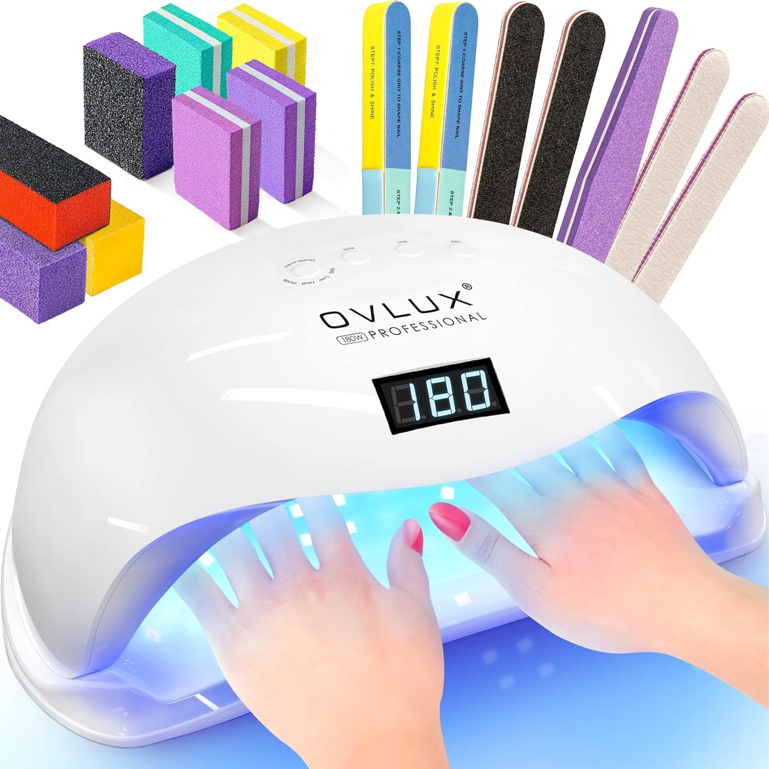 OVLUX 180W UV LED Nail Lamp – Professional Gel Nail Dryer with 57 LEDs, Auto Sensor & LCD Display, Fast Nail Polish Dryer for Gel Polish, UV Light for Gel Nails, All Gel Types, Adapter Included
