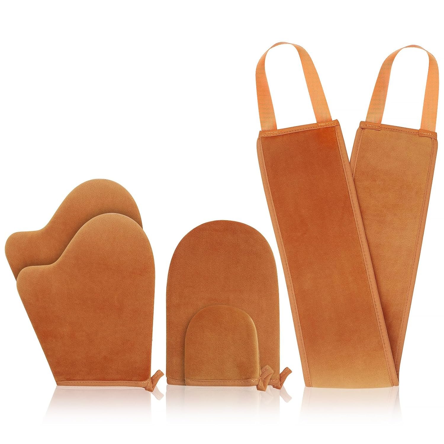 5-In-1 Self Tanner Mitt Kit, 2 Thumb Tanning Gloves, 1 Straight Body Mitt, 1 Mini Face Mitt and Back Tanning Applicator, Soft Velvet Tanning Tools for Full Body