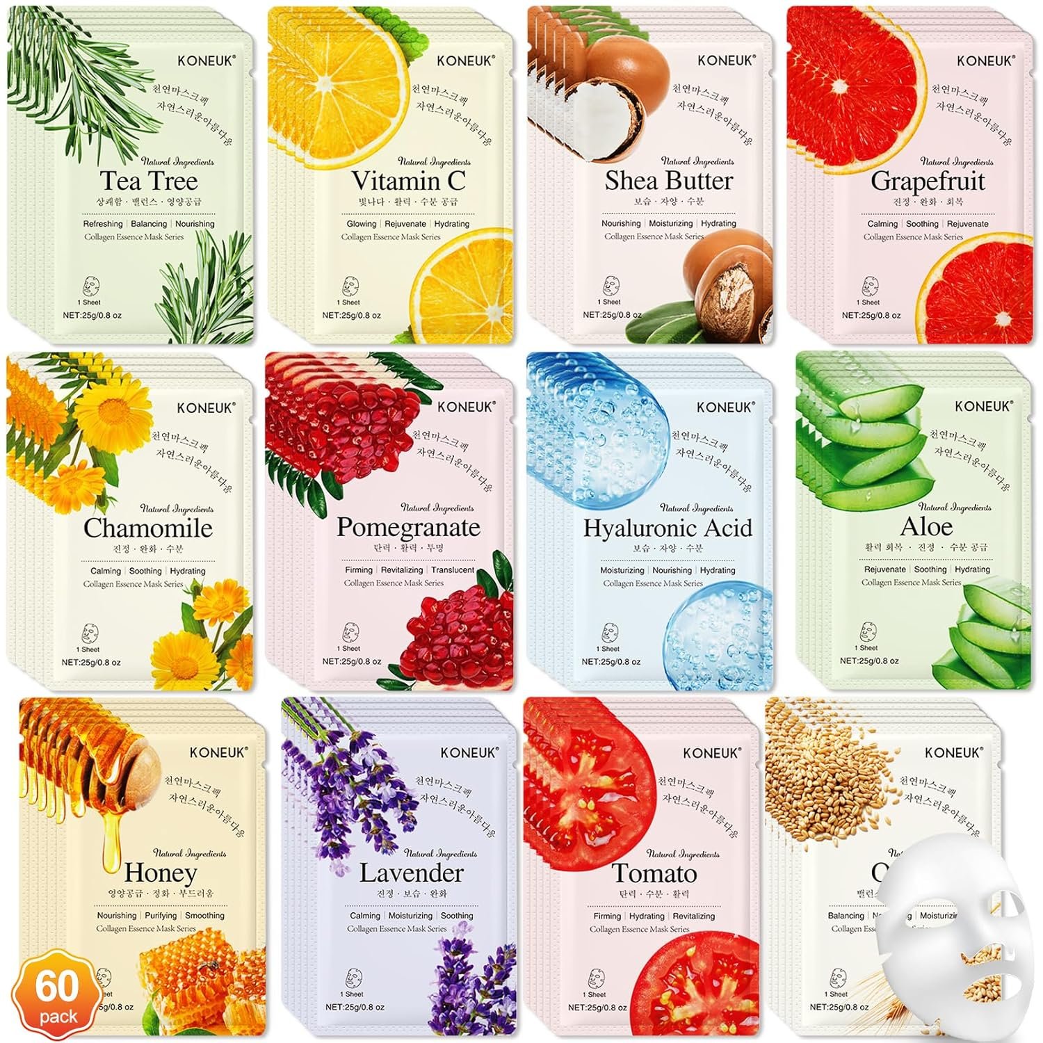 KONEUK 60 Pack Collagen Essence Face Masks Skincare for Women, Hydrating Sheet Face Masks Suitable for Dry and Sensitive Skin, Bulk Facial Masks for Women Skin Care, Face Mask Gifts Set for Spa Party
