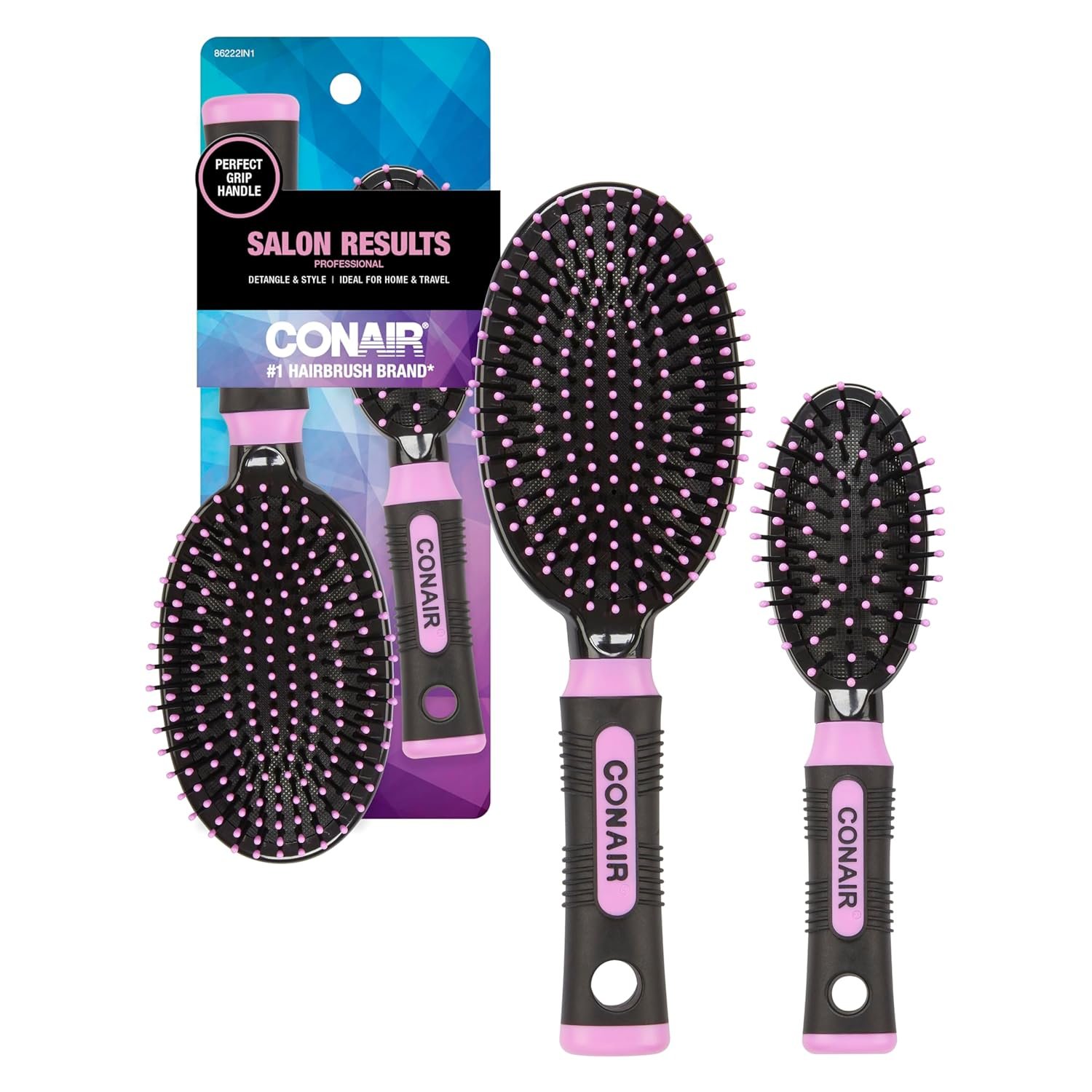 Conair Salon Results Cushion Hairbrush Set – men & women – hairbrushes for all hair types – detangling – features Travel size + Full-size – Pink/Black