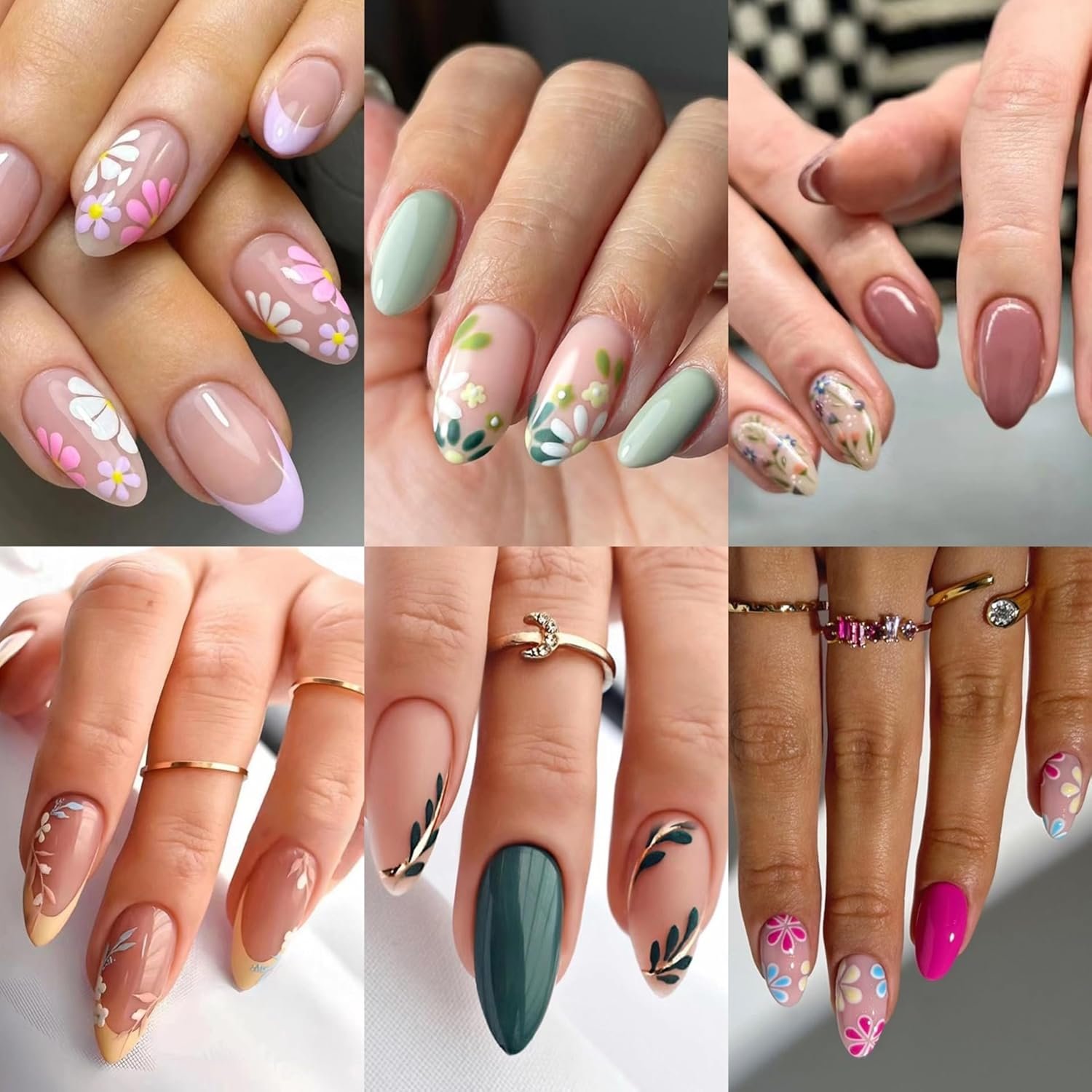 6 Packs (144 Pcs) Almond, Flower & Leaf Press on Nails – Short, Medium Sizes – 6 Styles – Fake Nails Kit for Women