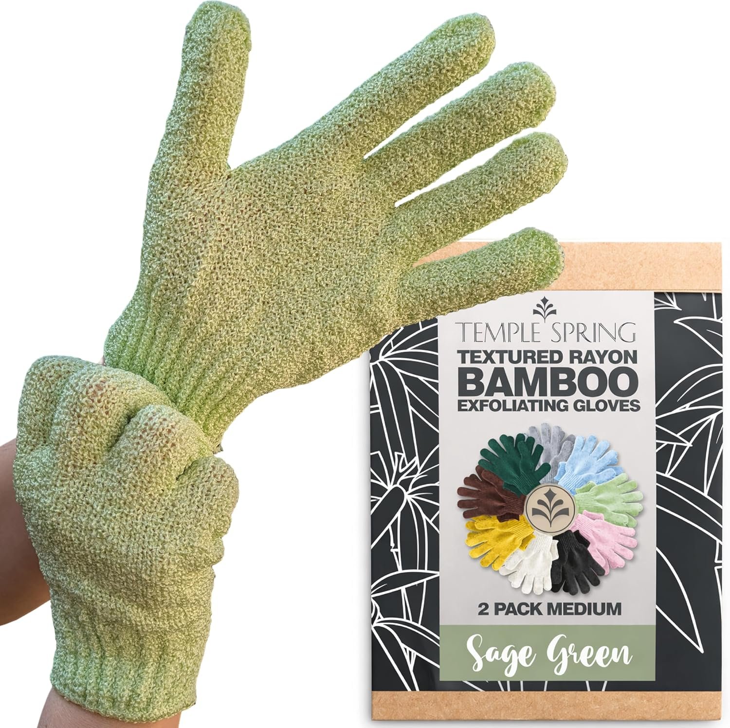 Temple Spring Shower Gloves Exfoliating for Women – Natural Textured Rayon Bamboo Exfoliating Glove with Thicker Weave for Deep Cleansing, Dead Skin Removal & Smooth Radiant Skin (1 Pair, Sage Green)