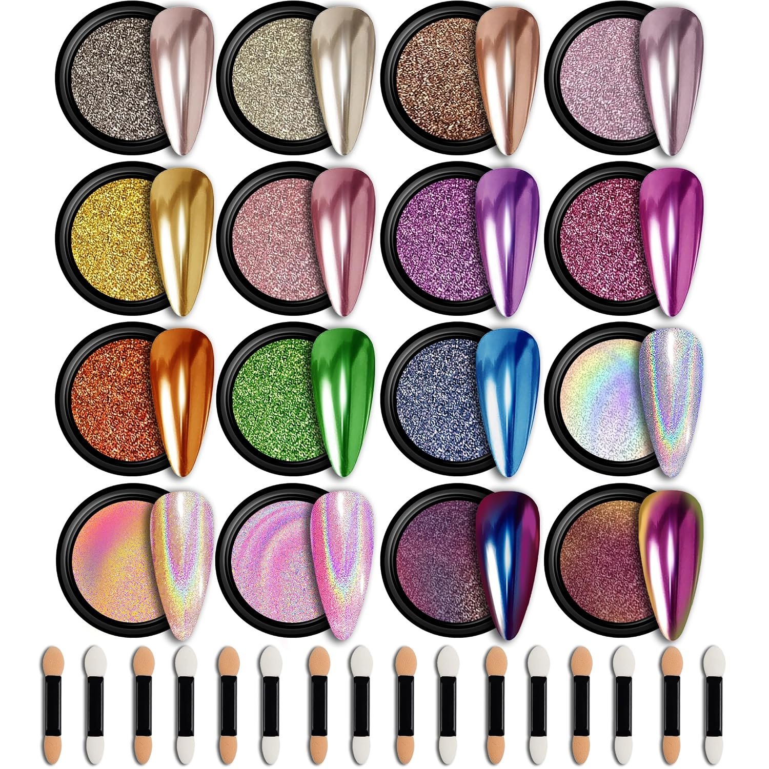 GELPARTY 16 Colors Chrome Nail Powder Set, Premium Mirror & Holographic Effect Pigment Metallic Gold, Silver, Chameleon, Aurora Nail Art Glitter Includes 16 Sponge Applicators for Gel Polish Design