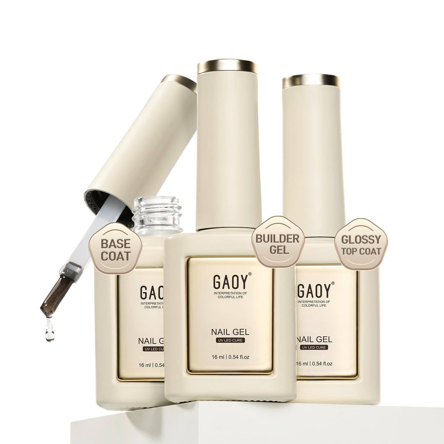 GAOY Gel Top Coat, Builder Gel and Base Coat Set, 16ml 3 Pcs Clear Glossy No Wipe Combination for Long Lasting UV Light Cure Nail Art DIY