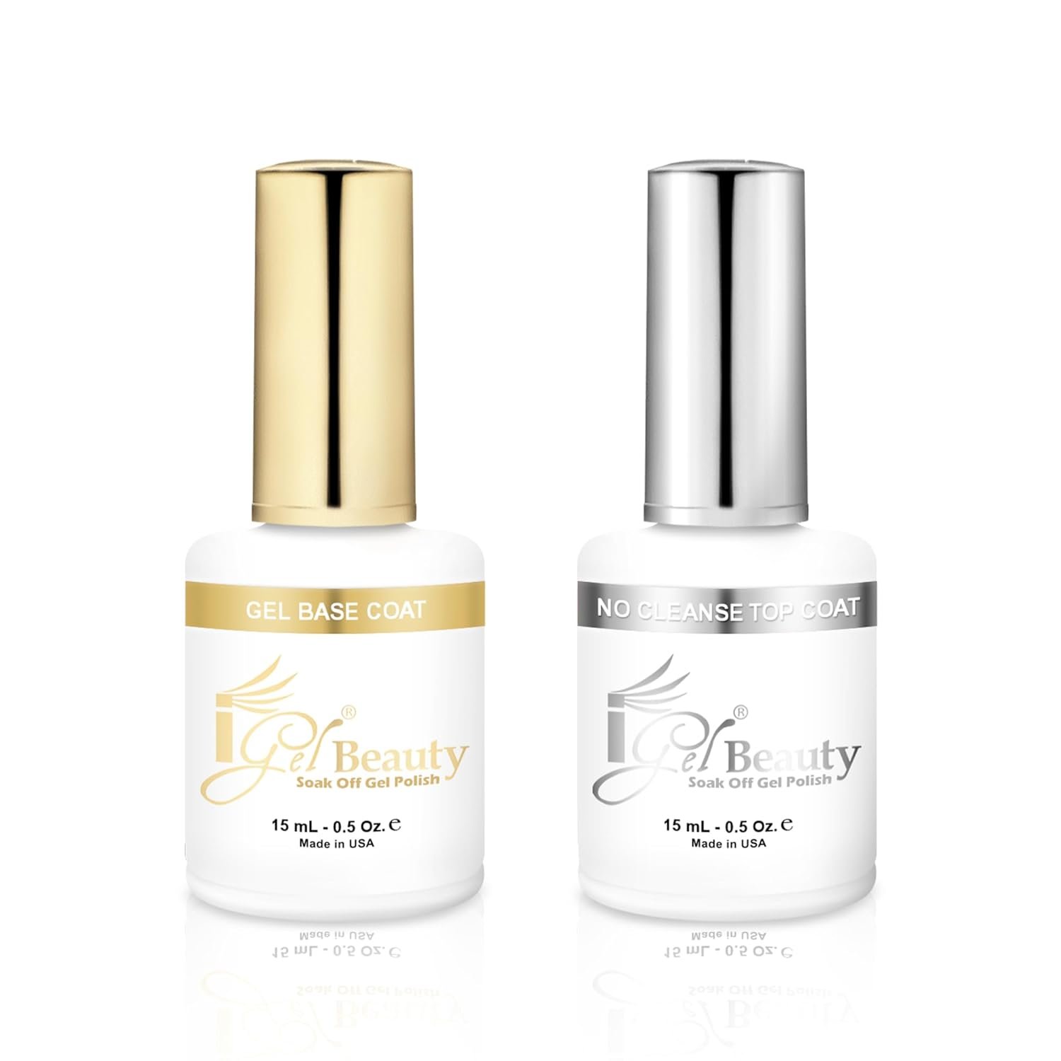 iGel Beauty Gel Base Coat & No Cleanse Top Coat Set – 2 Pack, Soak-Off UV/LED Gel Polish System, Long-Lasting, High Shine, No Wipe, Chip-Resistant, 0.5 oz (15mL) Each
