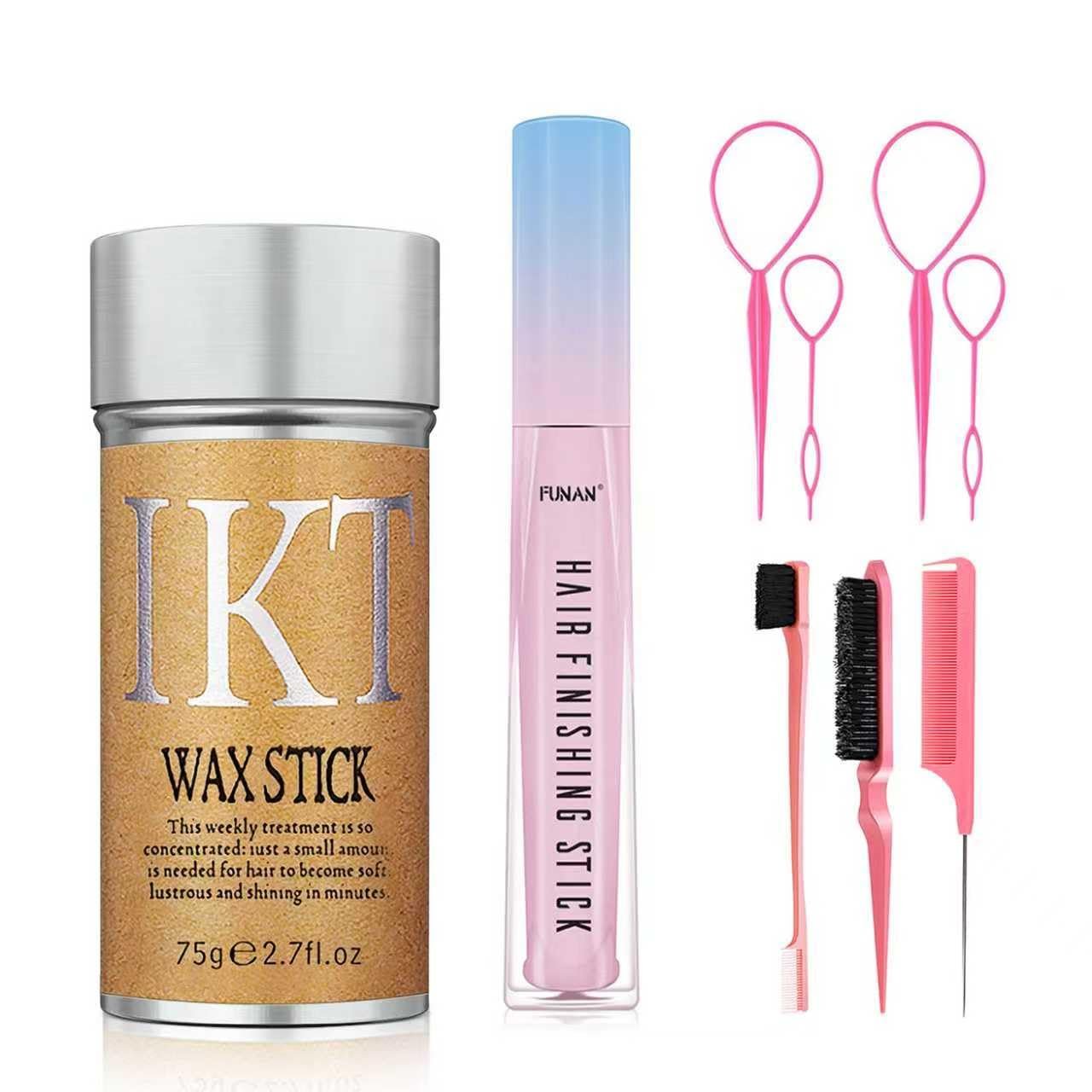 FUNAN 9Pcs hair finishing stick Set with hair finishing stick, hair wax stick, Hair Tail Tools, Hair Comb Kit for Woman Girl Hair Styling, Non-Greasy and Non-Sticky, Edge&Back Brushing(Pink)