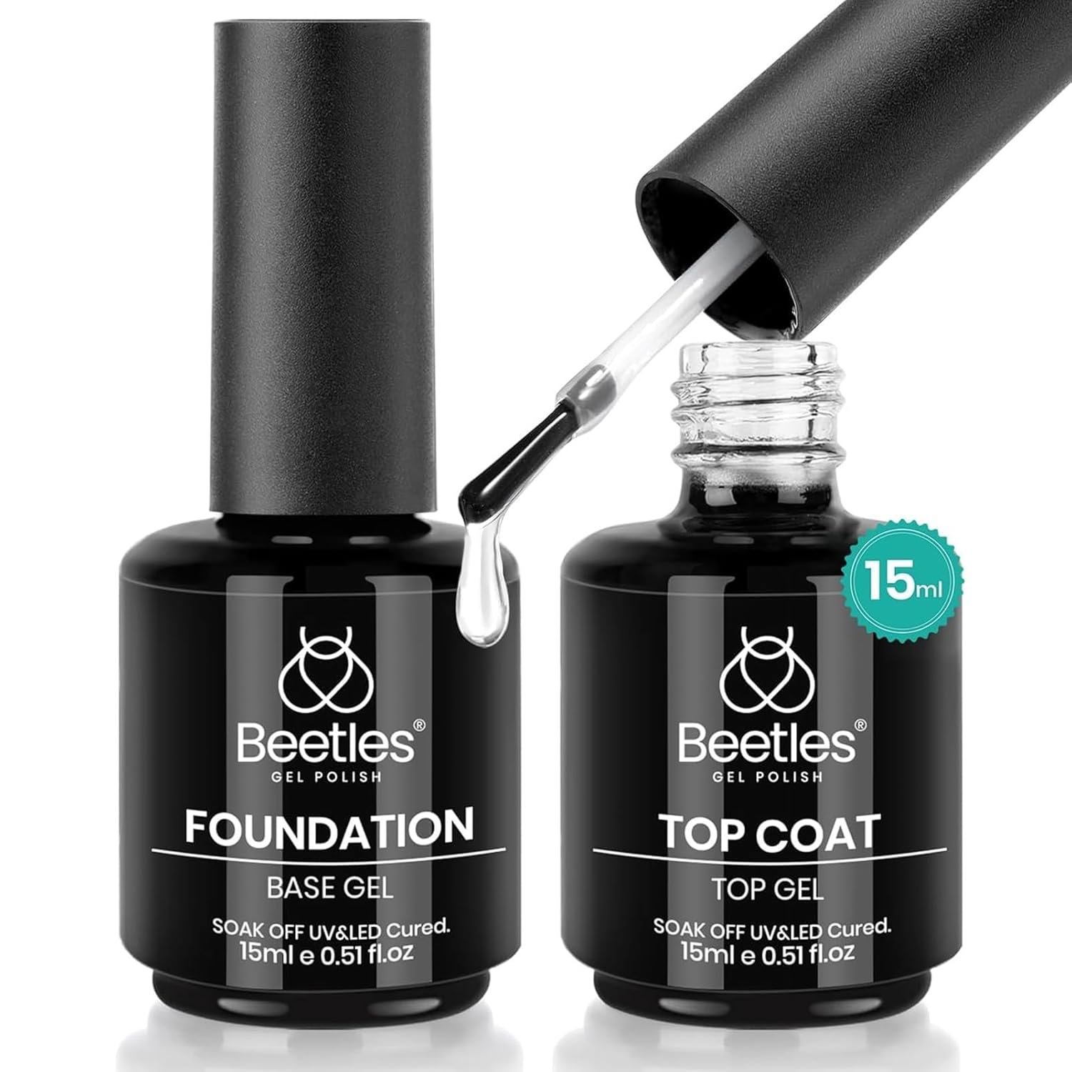 Beetles 2 Pcs 15ml No Wipe Gel Top Coat and Base Coat Set – Shine Finish and Long Lasting Soak Off LED Nail Lamp Gel Base Top Coat Stay Lock Shine Duo Finish Nail Art Design Manicure Gifts for Women
