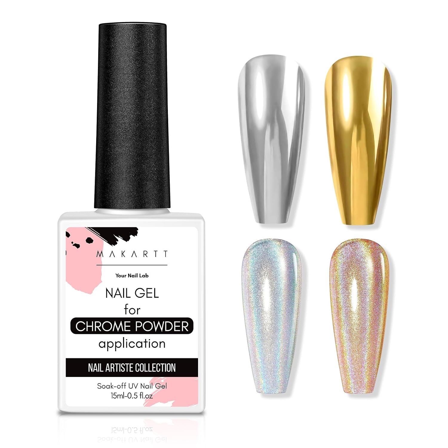Makartt Gel Top Coat for Chrome Nail Powder – 15ml Clear No Wipe High Gloss Top Coat Gel Nail Polish Mirror Shine Long Lasting Easy Application, Soak off UV Lamp, DIY Home Salon Art Spring Design