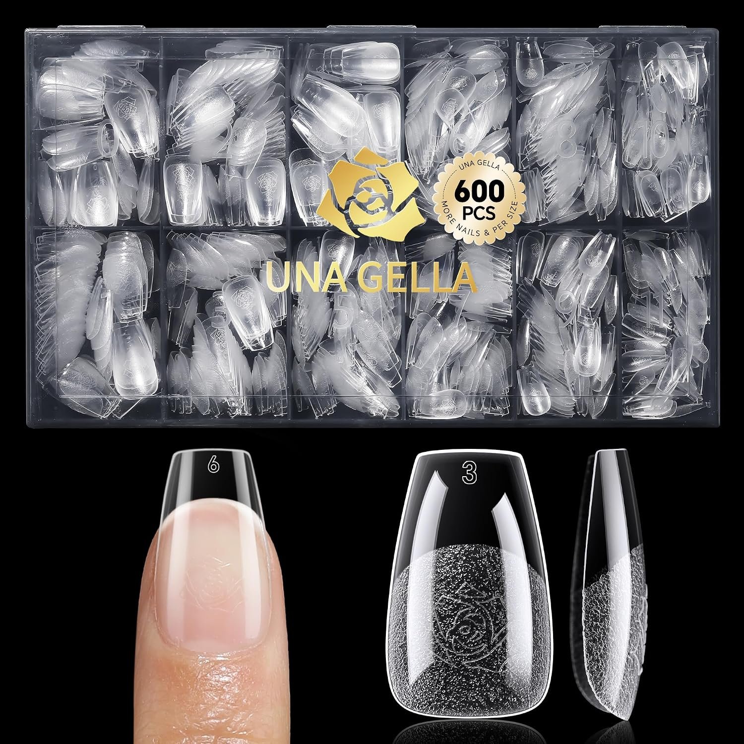 UNA GELLA 600Pcs Short Coffin Nail Tips, Short Coffin Gel Nails Tips Pre Etched 12 Sizes Soft Gel Fake Nails Tips Pre-file Full Cover for Nail Extension Home DIY Salon with Box