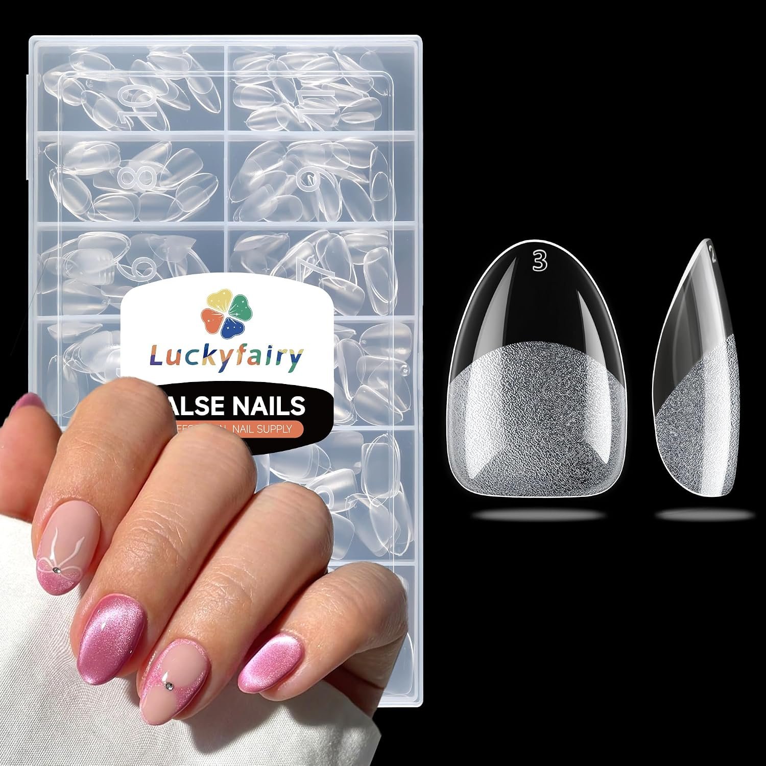 Luckyfairy Extra Short Almond Nail Tips, 240pcs Soft Gel Pre-Shaped Acrylic Fake Nails, Half Matte Full Cover Clear Gelly Press on Flase Nail Tips for Extension Nail Manicure Home DIY 12 Sizes