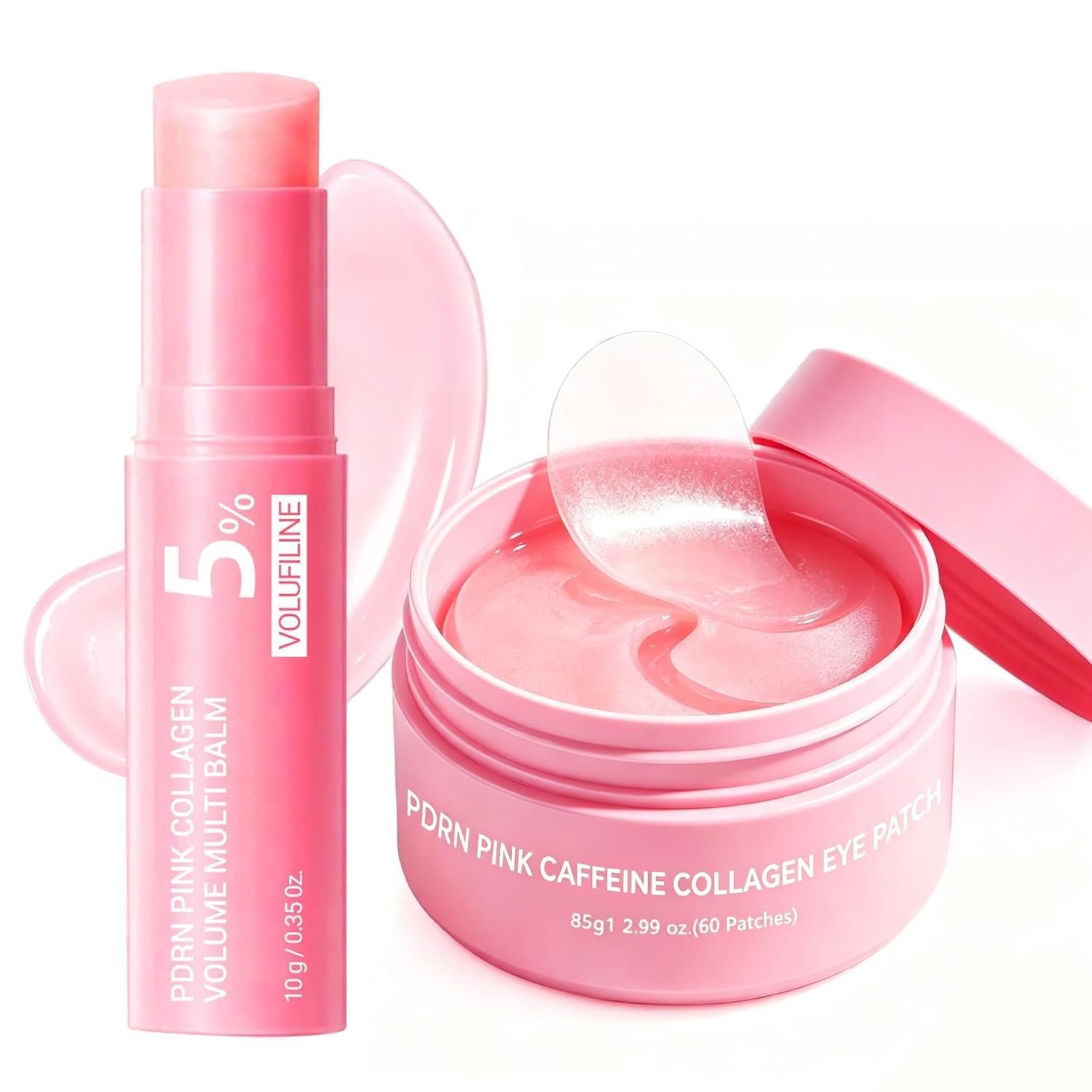 New PDRN Collagen Multi Balm Stick & Eye Patches Set, Pink B12 & Caffeine Under Eye Care, 0.32 Oz Balm + 60 Patches