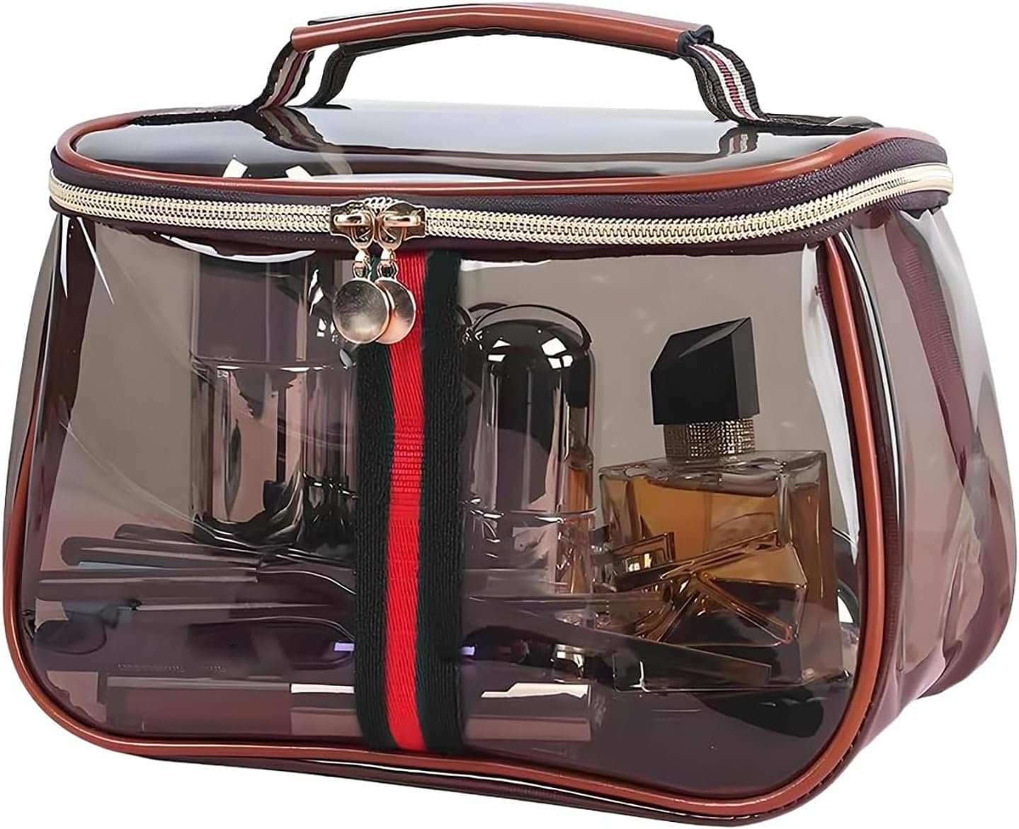 New Retro Vintage Vanity Bag – Clear Makeup Organizer with Handle (Coffee)