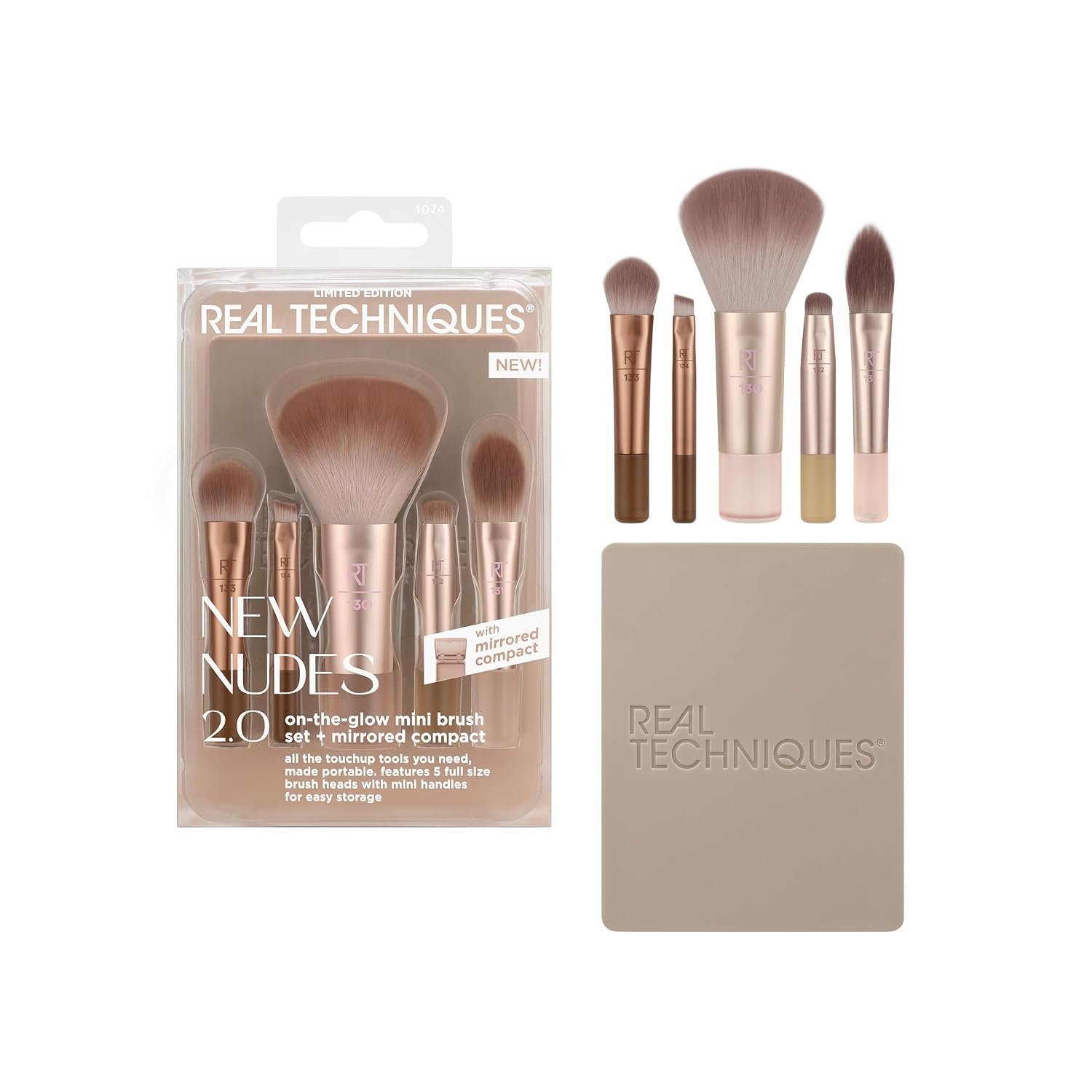 Real Techniques New Nudes On the Glow Mini Brush Kit, Compact Mirror