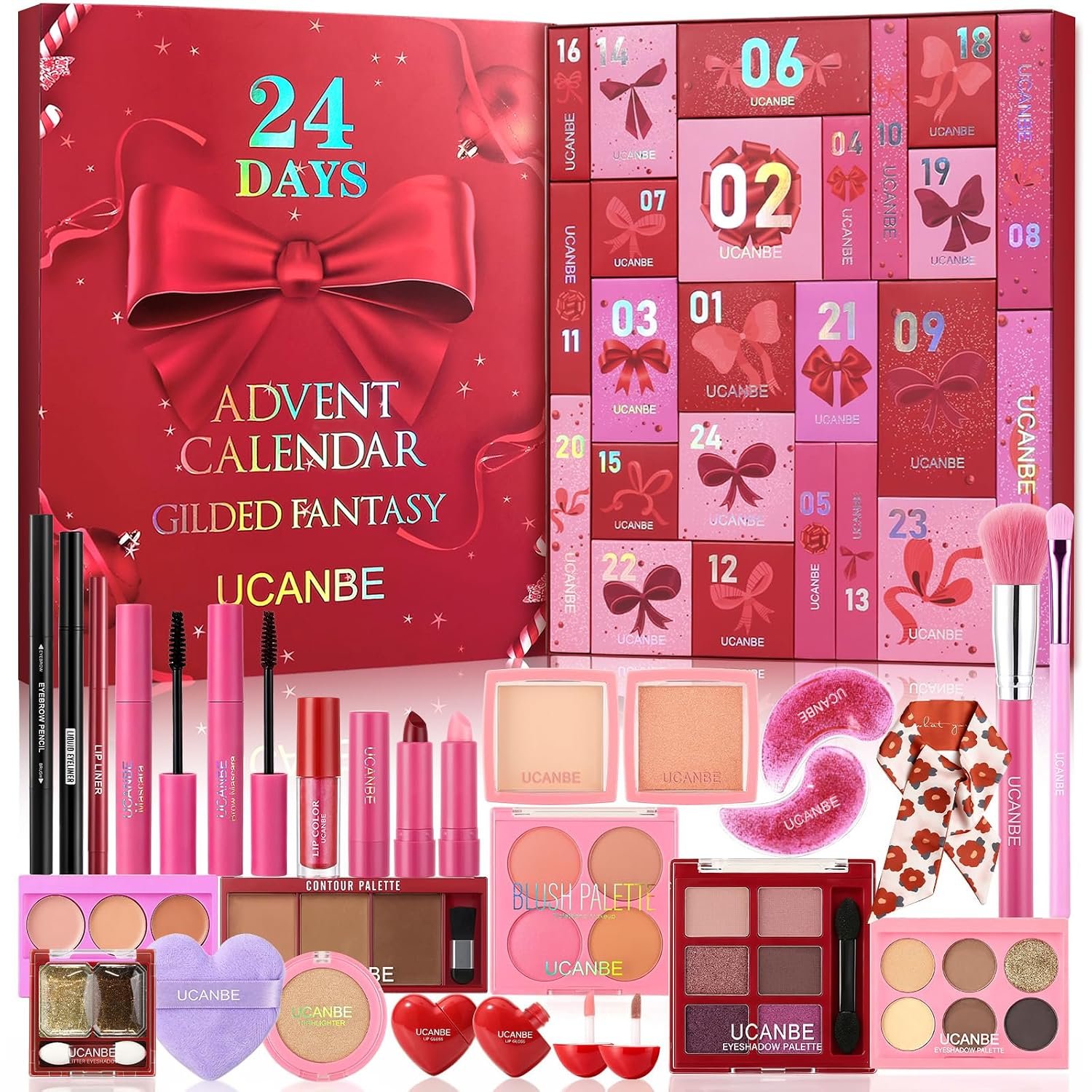 Makeup Advent Calendar 2026, 24-Day Christmas Makeup Gift Set for Women & Teen Girls, UCANBE 2026 Xmas Beauty & Cosmetic Essentials Countdown Calendar Holiday Surprise Make Up Gift Kits Full Kit(Red)
